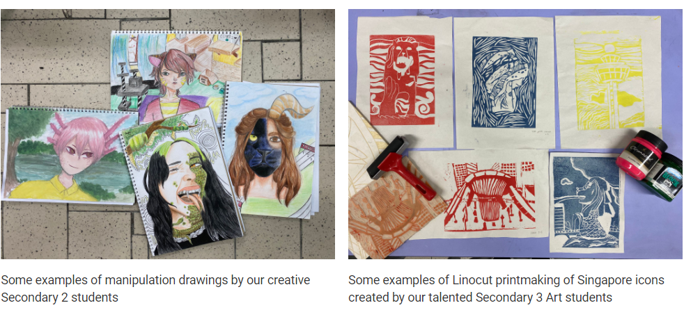 Student artwork showing colored pencil drawings of anime figures and linocut prints of Singapore landmarks in red, blue, and yellow.